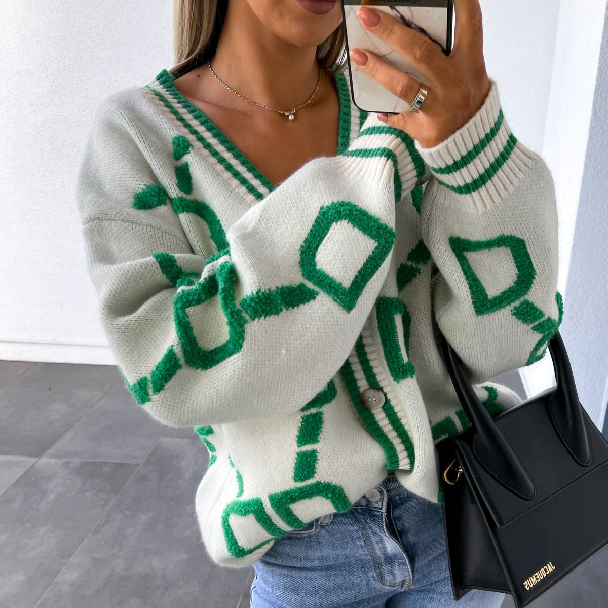 Losvallende gebreide sweater met vleermuismouwen - Damesvest Cardigan-wit-groen