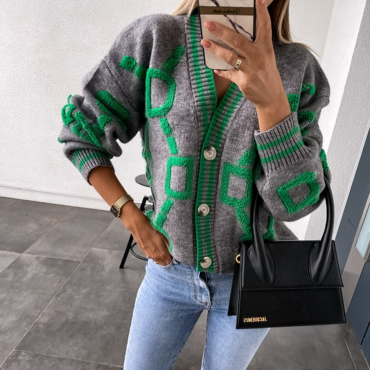 Losvallende gebreide sweater met vleermuismouwen - Damesvest Cardigan-grijs-groen