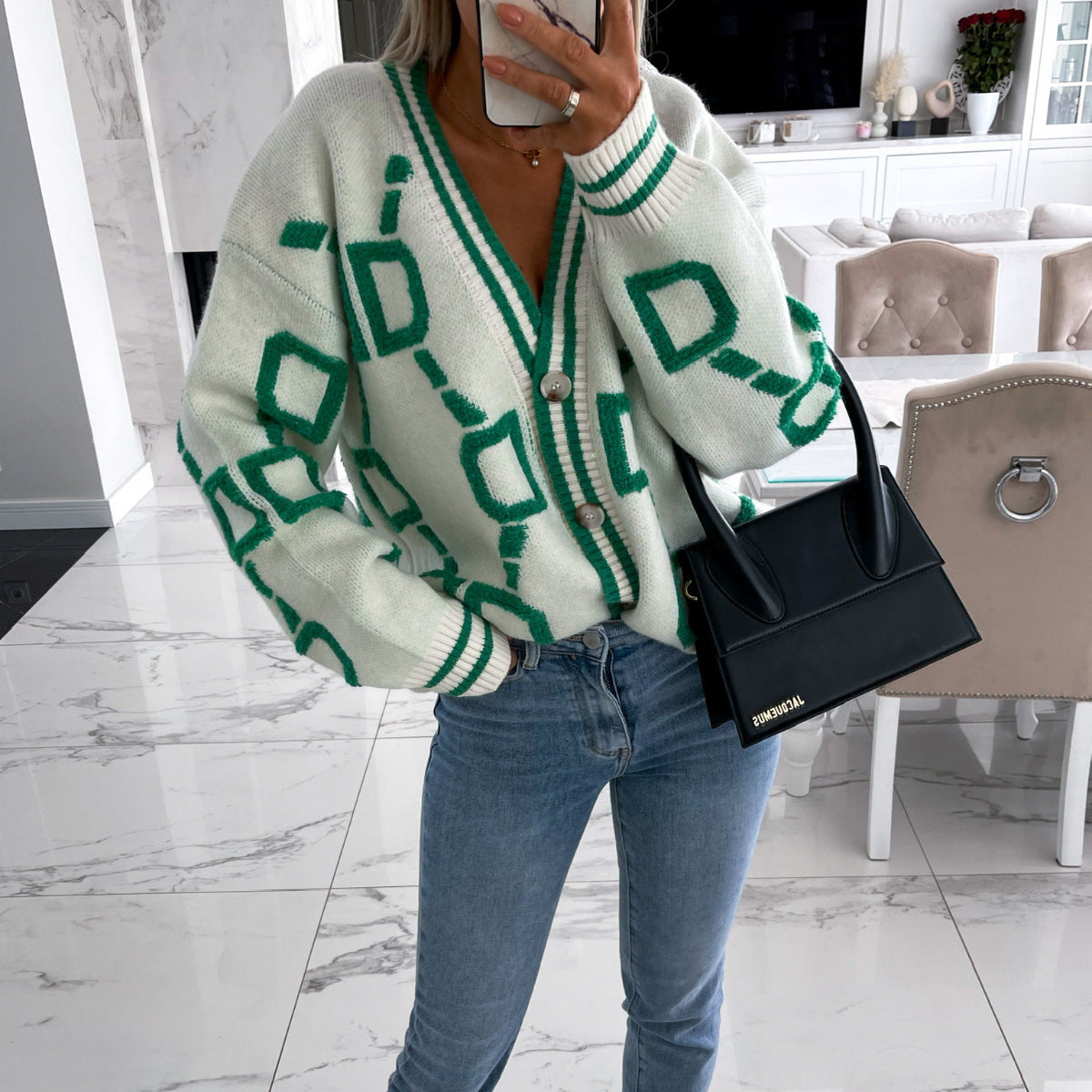 Losvallende gebreide sweater met vleermuismouwen - Damesvest Cardigan-wit-groen